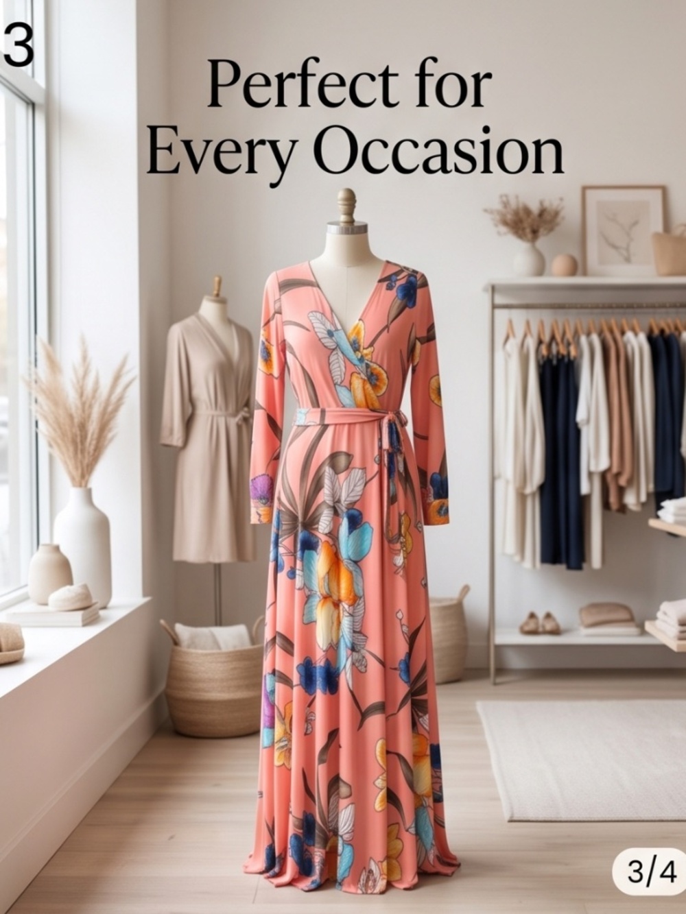 Peach Long Sleeve Floral Dress